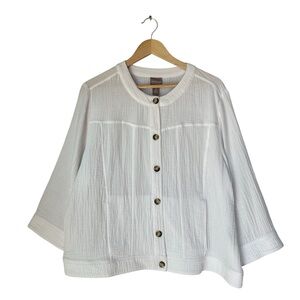 Chico's White 3/4-Sleeve Boxy 100% Cotton Button Front Blouse, Size 3, XL